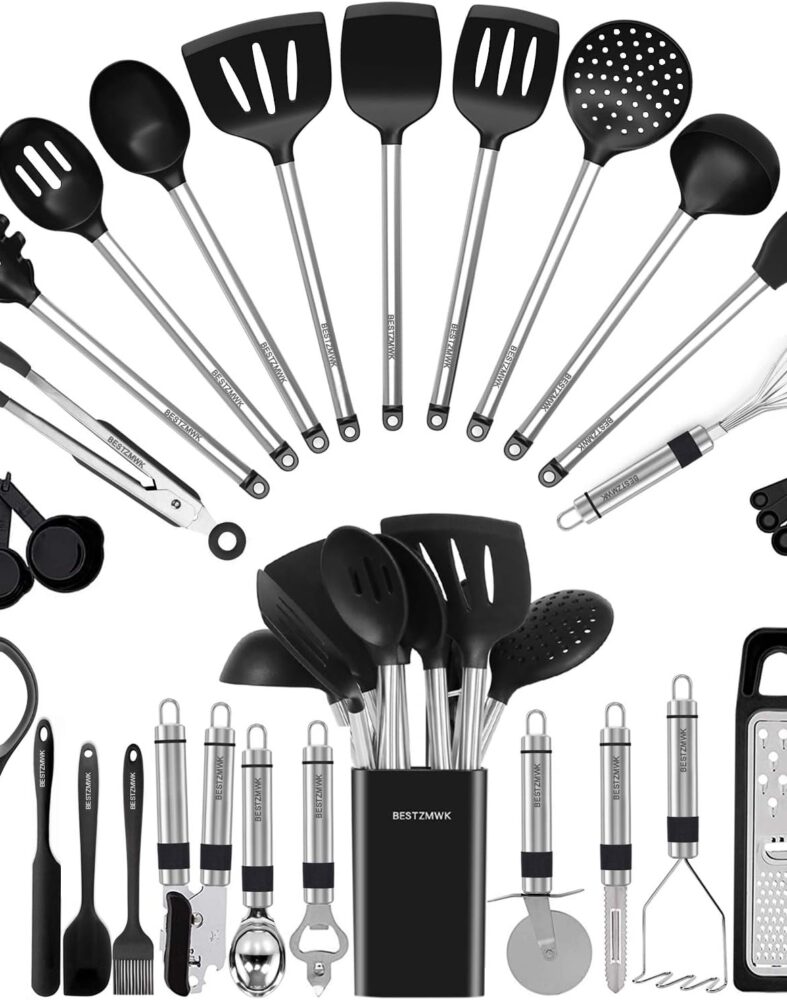 Kitchen Utensil Set-Silicone Cooking Utensils-33 Kitchen Gadgets & Spoons for Nonstick Cookware-Silicone and Stainless Steel Spatula Set-Best Kitchen Tools, Useful Pots and Pans Accessories