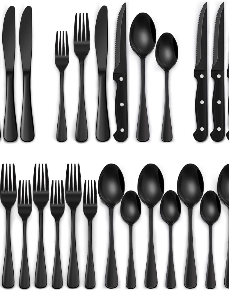EWFEN 24-Piece Black Silverware Set with Steak Knives, Black Flatware Set for 4, Food-Grade Stainless Steel Tableware Cutlery Set, Mirror Finished Utensil Sets for Home Restaurant, Round Edge