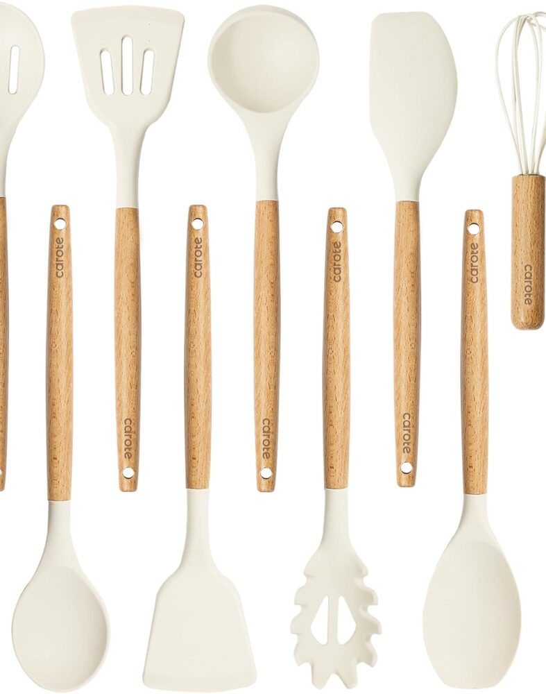 CAROTE 10-Piece Kitchen Utensils Set with Wood Cool-Touch Handles, Cream | Silicone Cooking Utensil, Food Grade, Nonstick Cookware Friendly, BPA-Free, Heat-Resistant, Everyday Home Essentials, Gifts