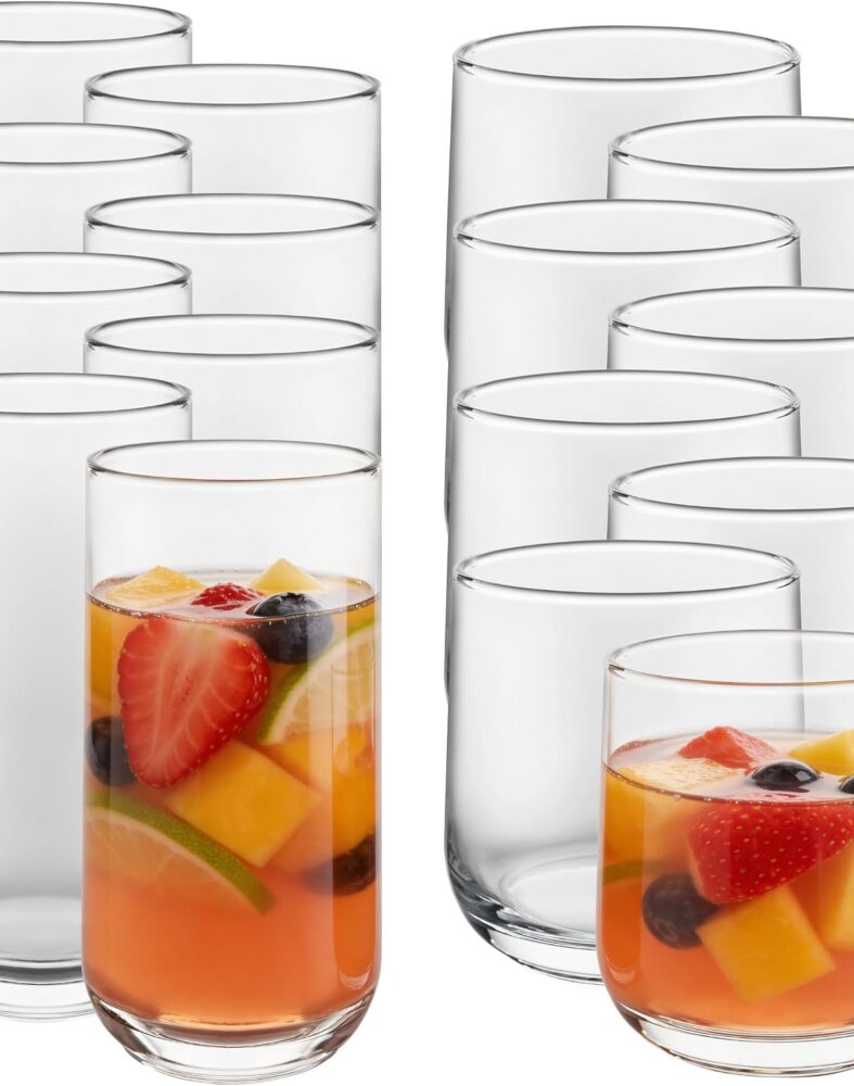 Libbey Ascent Tumbler & Rocks Drinking Glasses Set of 16, Clear Glass Cups | 16.25 oz & 13.3 oz Glasses, 8 Each, for Water, Juice & Cocktails, Curved Base, Straight Walls, Dishwasher Safe