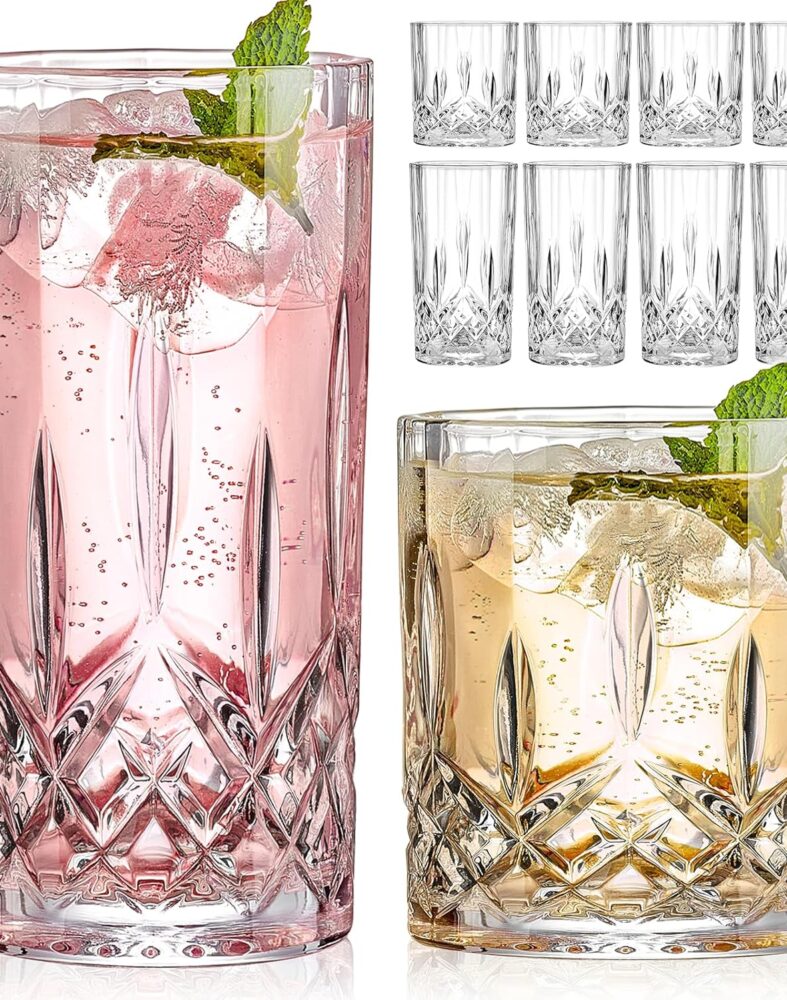 Qipecedm Drinking Glasses, 8 Piece Crystal Glass Cups, Mixed Glassware Set, 4 pcs Crystal Old Fashioned 11oz Highballs and 4 pcs 11oz Whiskey Glasses, Great for Cocktail, Whisky and other Beverages