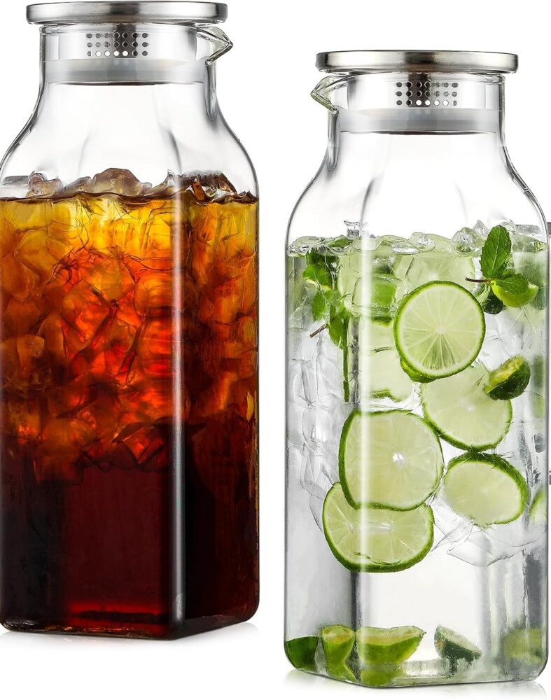 2 Pack 2.2Liters/75 oz Square Glass Pitcher with Lid and Handle for Fridge | Heat Resistant Borosilicate Water Jug for Hot/Cold Drinks and Milk, Iced Tea and Coffee Carafe Beverage Serveware