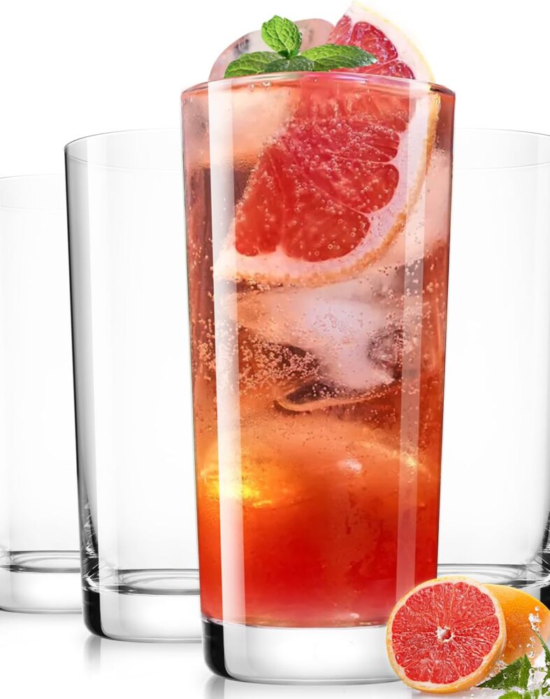 Drinking Water Glass Cups Set,Crystal Highball Glasses cups set of 4,16oz | Wide Mouth Design Tall Glassware for Cocktail Parties, Family Dinners
