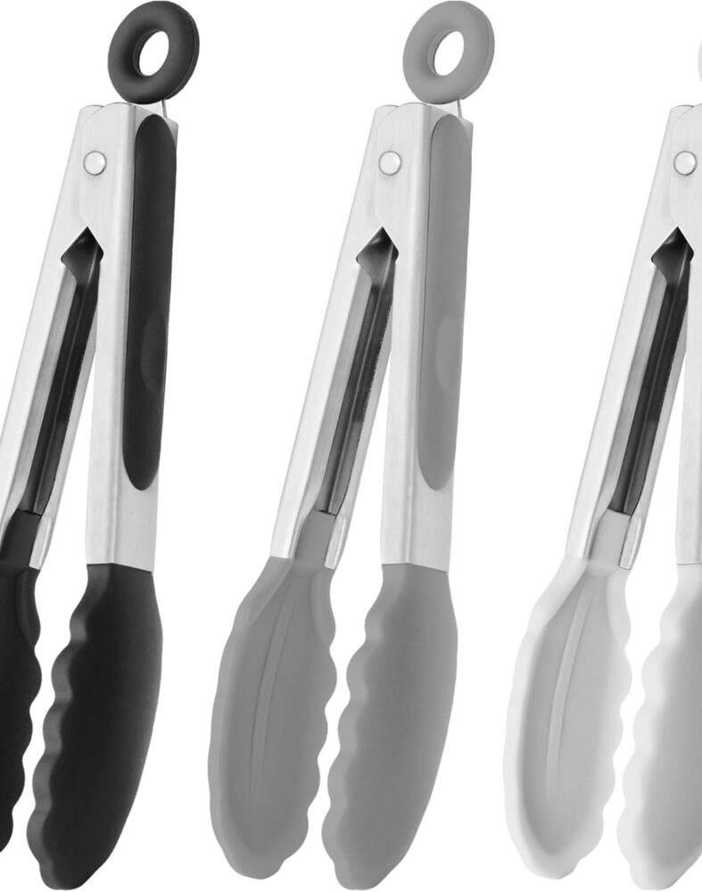 HINMAY Small Silicone Tongs 7-Inch Mini Serving Tongs, Set of 3 (Black Gray White)